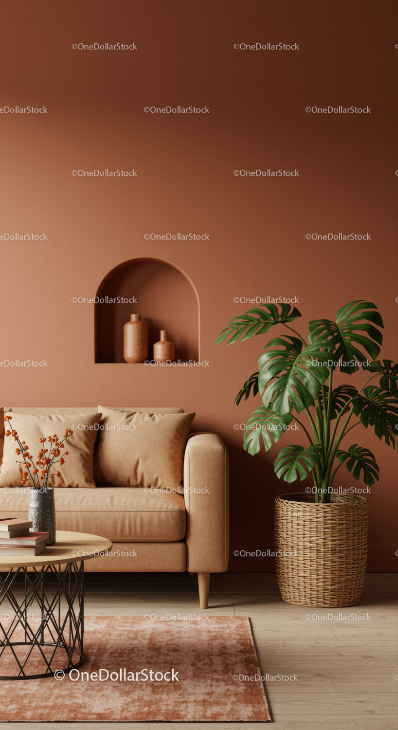 Elegancki, nowoczesny salon z beżową sofą i zieloną rośliną Monstera