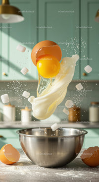 Fresh egg yolk splashing into stainless steel bowl