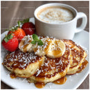 Banana Pancakes with Strawberries and Caramel Sauce