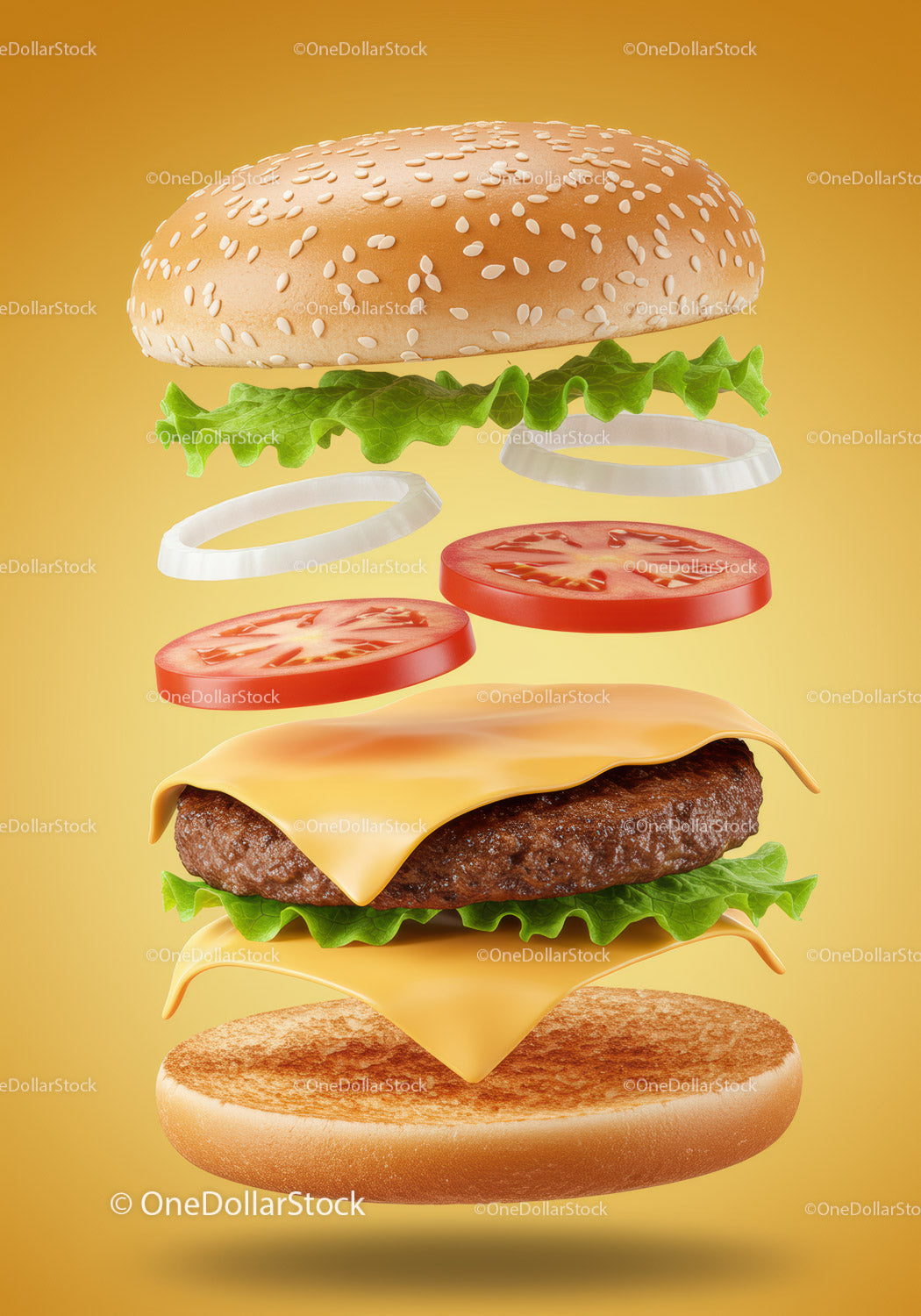 Deconstructed cheeseburger ingredients floating on yellow background