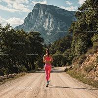 Woman running on mountain trail surrounded by trees
