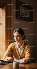 Contemplative Woman Sitting by Window in Cozy Indoor Setting with Wooden Elements