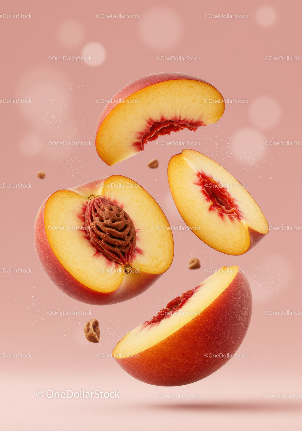 Fresh peach slices floating on soft pink background