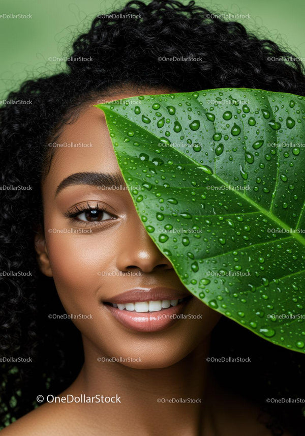 Beautiful Woman with Tropical Leaves in Bright Natural Light for Advertising