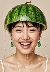 Smiling woman wearing watermelon helmet with water droplets