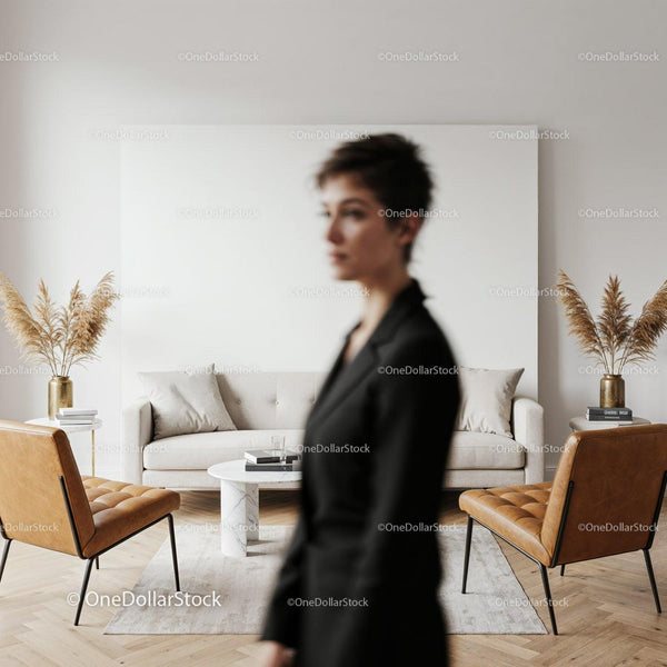 Woman in black blazer in modern living room interior JPG Mockup Image