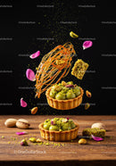 Artistic pistachio tarts with delicate caramel decoration