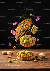 Artistic pistachio tarts with delicate caramel decoration