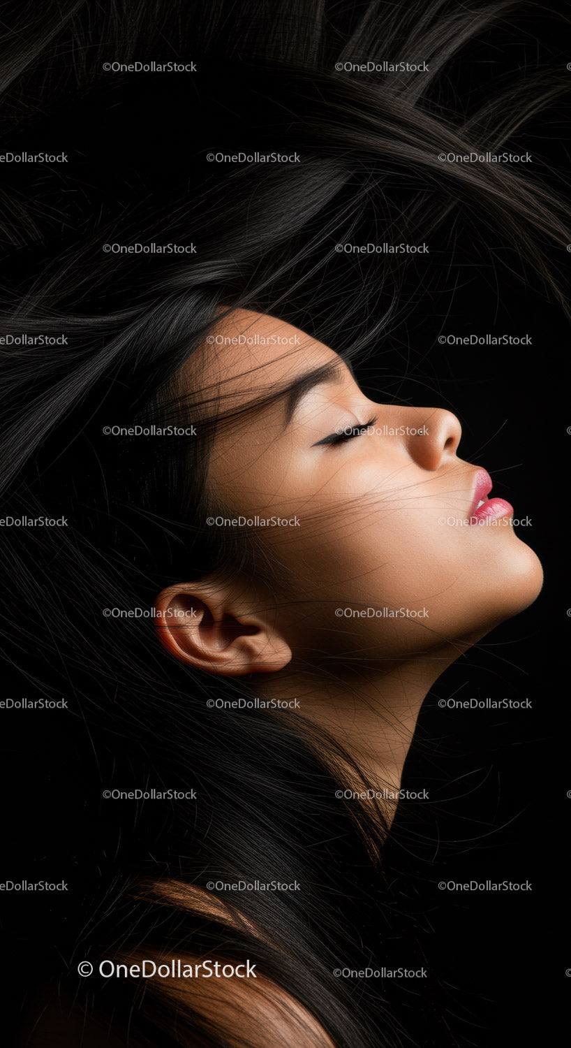 Profile of serene woman with flowing dark hair