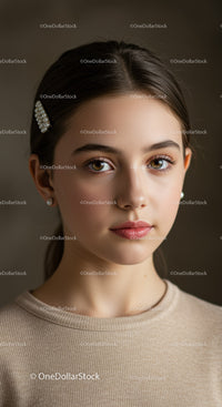 Elegant Portrait of a Young Woman with Pearl Earrings and Natural Makeup
