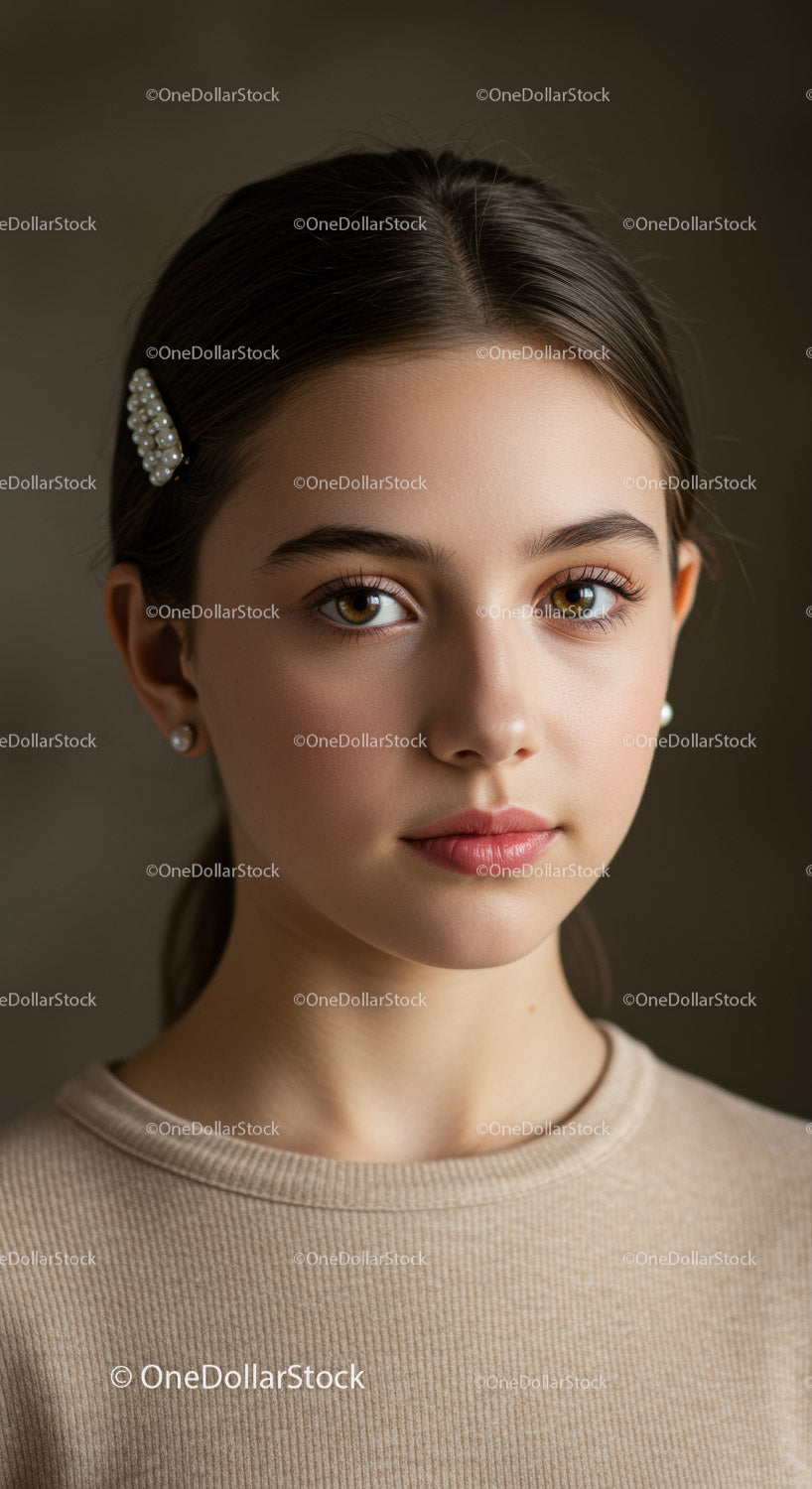 Elegant Portrait of a Young Woman with Pearl Earrings and Natural Makeup