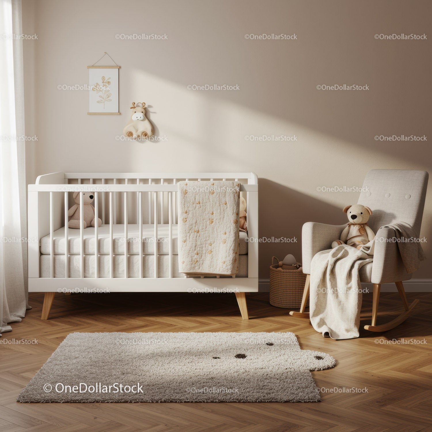 Minimalist cozy beige nursery with crib and rocking chair