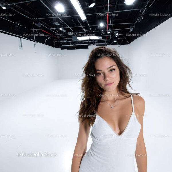 Young Woman in White Dress in Modern Studio with Bright Lighting