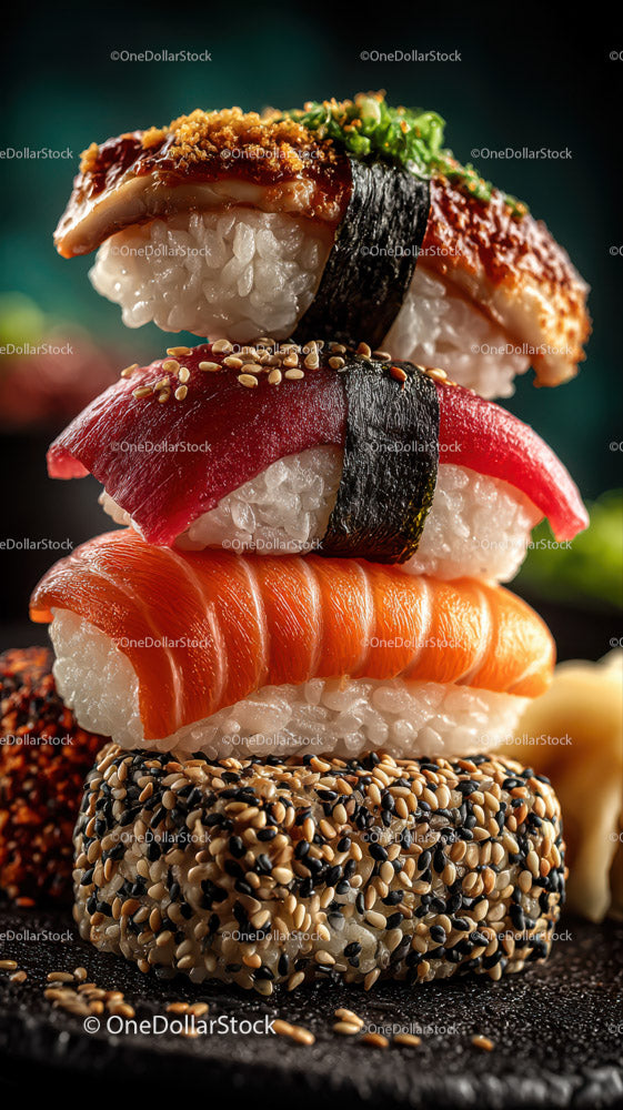 Assorted Sushi Nigiri with Salmon, Tuna, Eel and Sesame Seeds