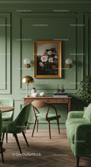 Elegant Green Wall Paneling with Floral Artwork and Modern Interior Design