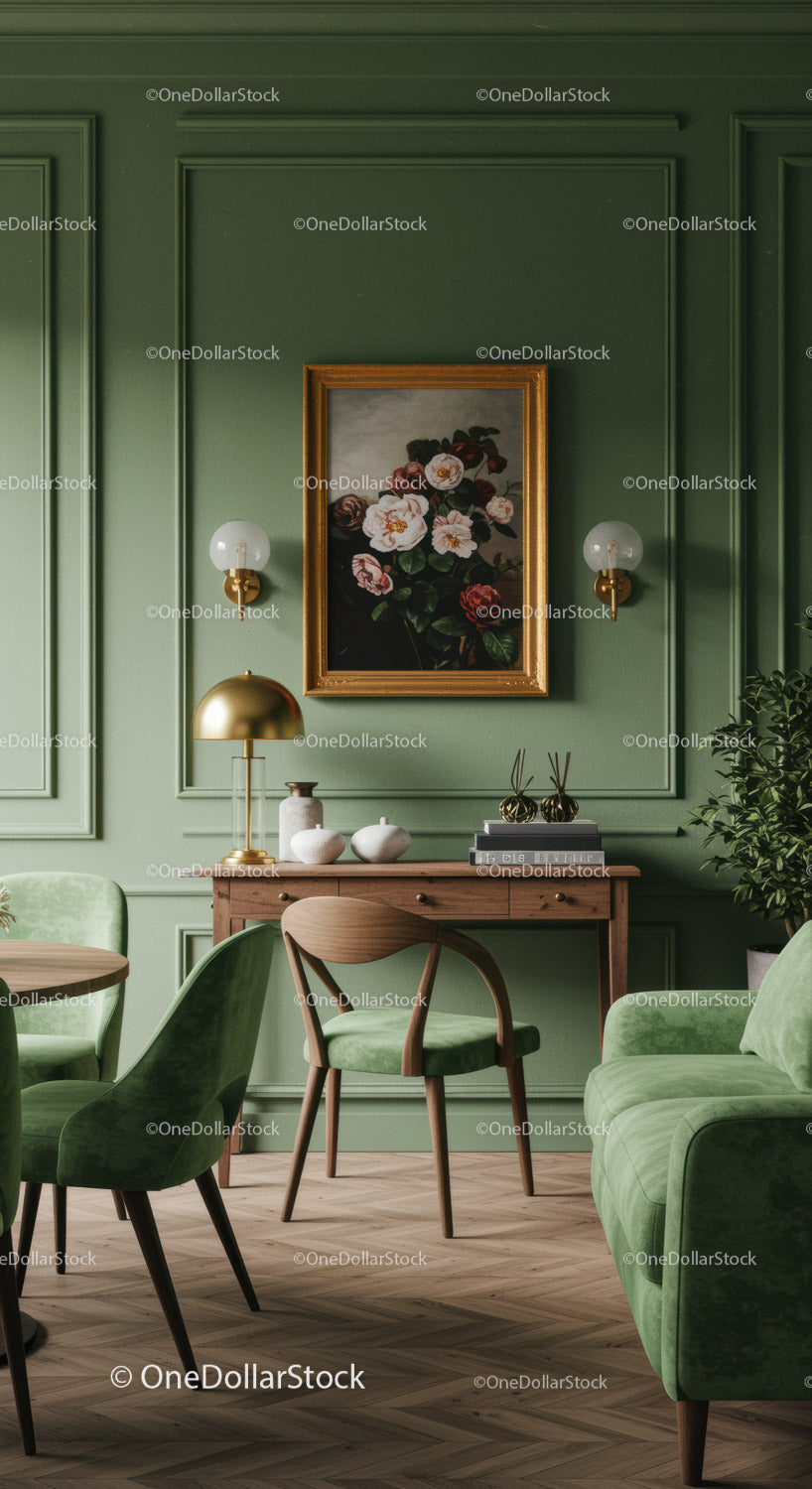Elegant Green Wall Paneling with Floral Artwork and Modern Interior Design