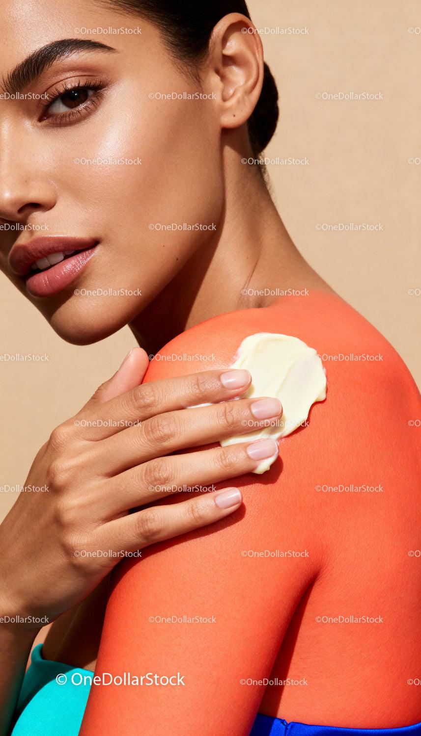 Close up of woman applying soothing cream on sunburned skin