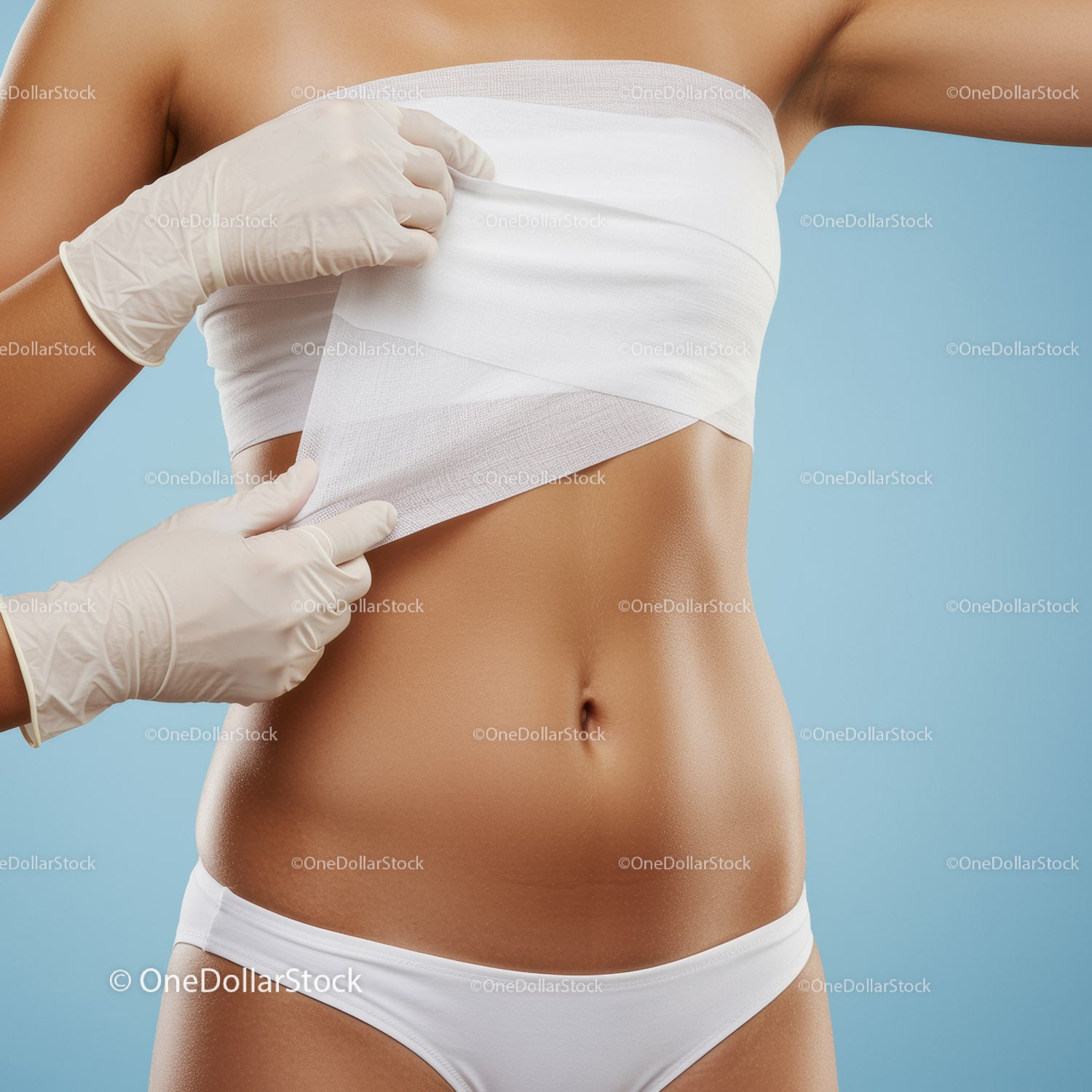 Medical Body Examination of Female Torso with Healthcare Gloves