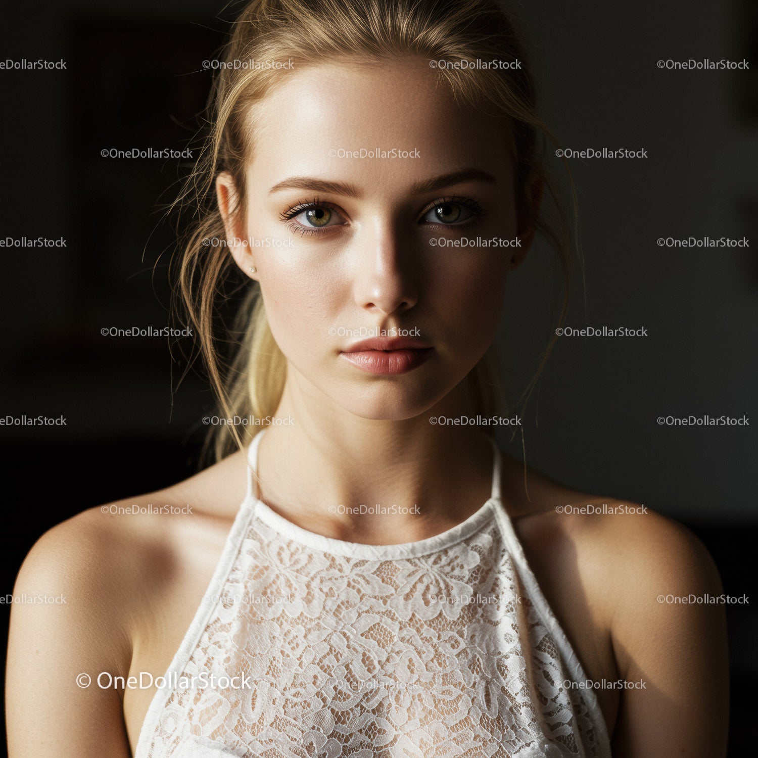 Elegant Young Woman Portrait with Green Eyes and Lace Top