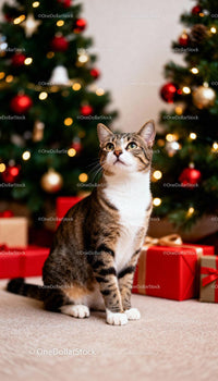 Curious tabby cat near decorated Christmas trees and presents