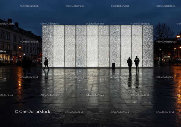 Modern Illuminated Urban Wall in Night City Square JPG Mockup Image