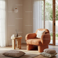 Cozy Terracotta Armchair in Sunlit Minimalist Living Room