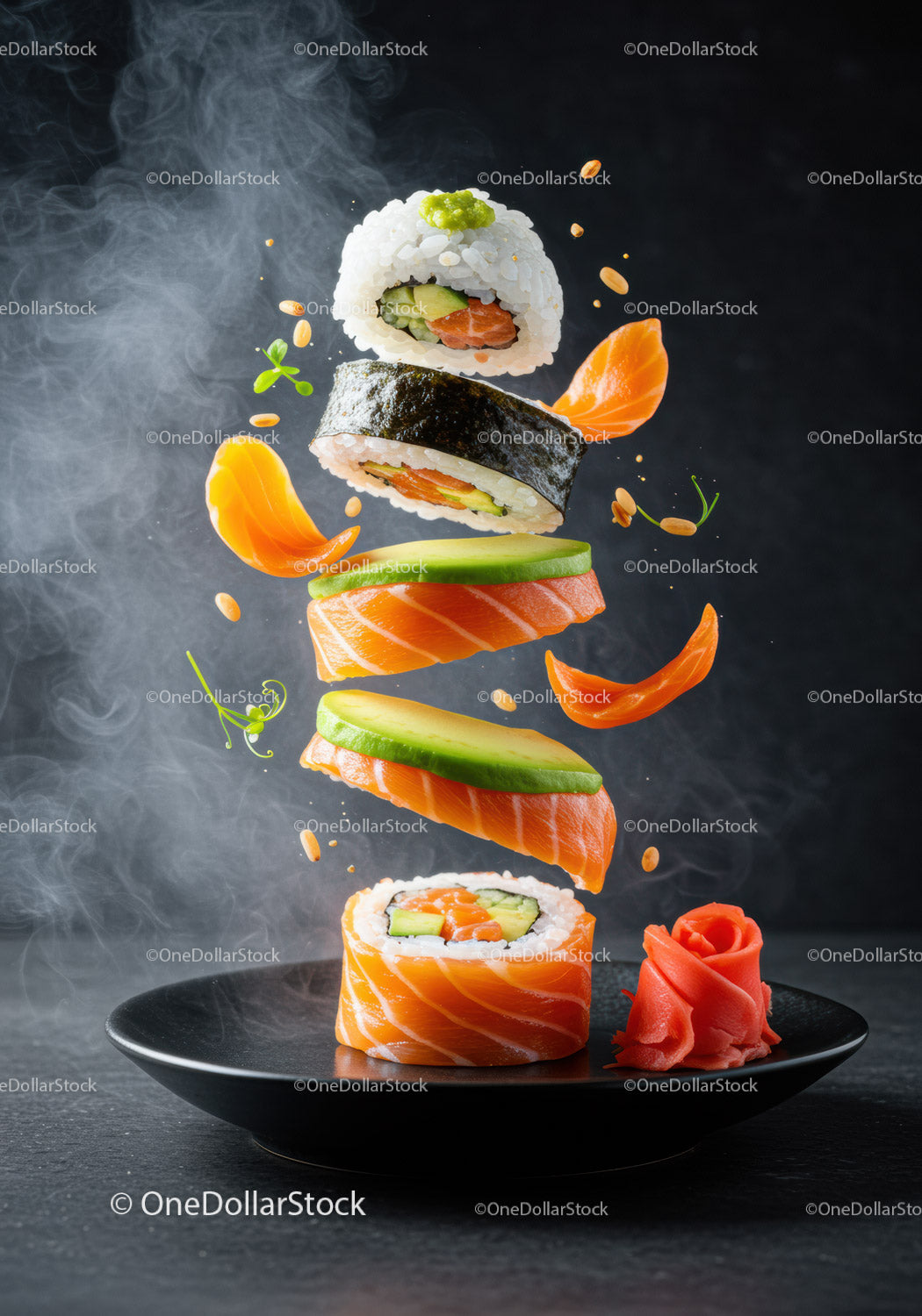 Sushi w rolce z dekonstruowanym łososiem, pływające ze świeżymi składnikami