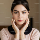 Elegant Young Woman with Blue Eyes and Brown Hair in Cozy Indoor Setting