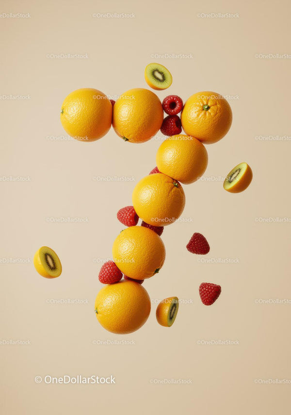 Fresh fruits arranged in number seven shape on cream background