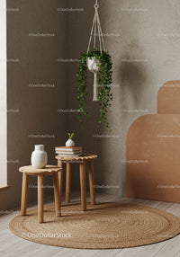 Indoor Greenery with Hanging Plant and Minimalist Wood Stools
