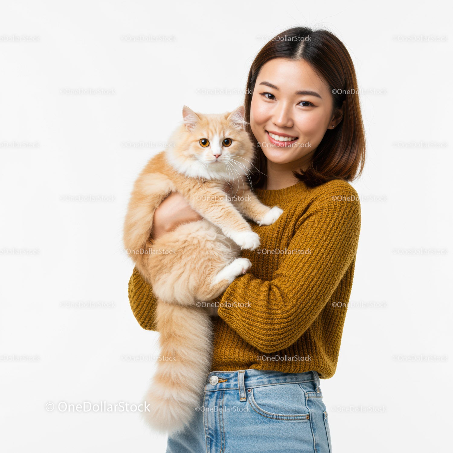 Young woman holding fluffy cream cat with soft fur