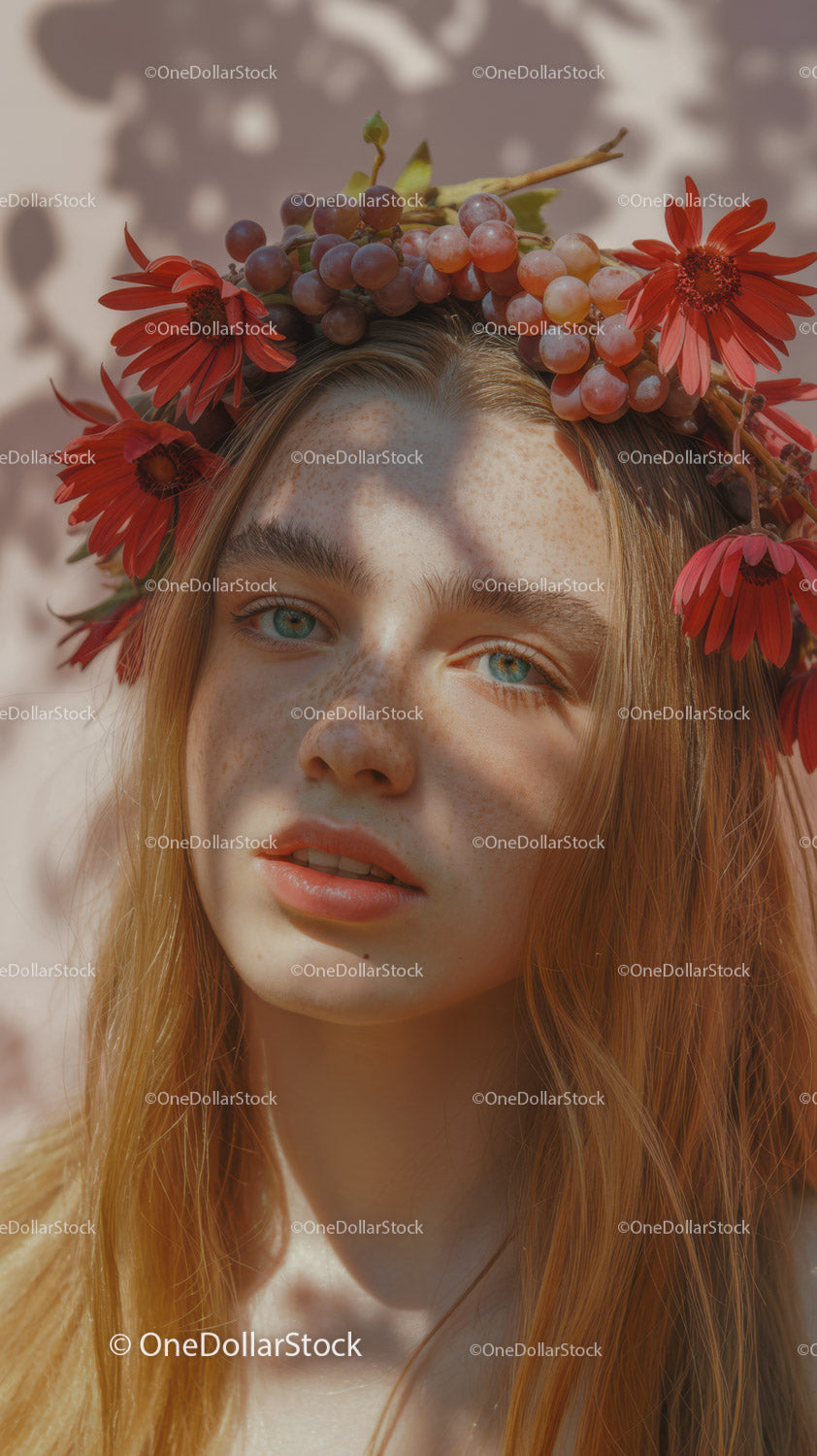 Young Woman with Red Floral Crown and Purple Grapes Outdoor Portrait