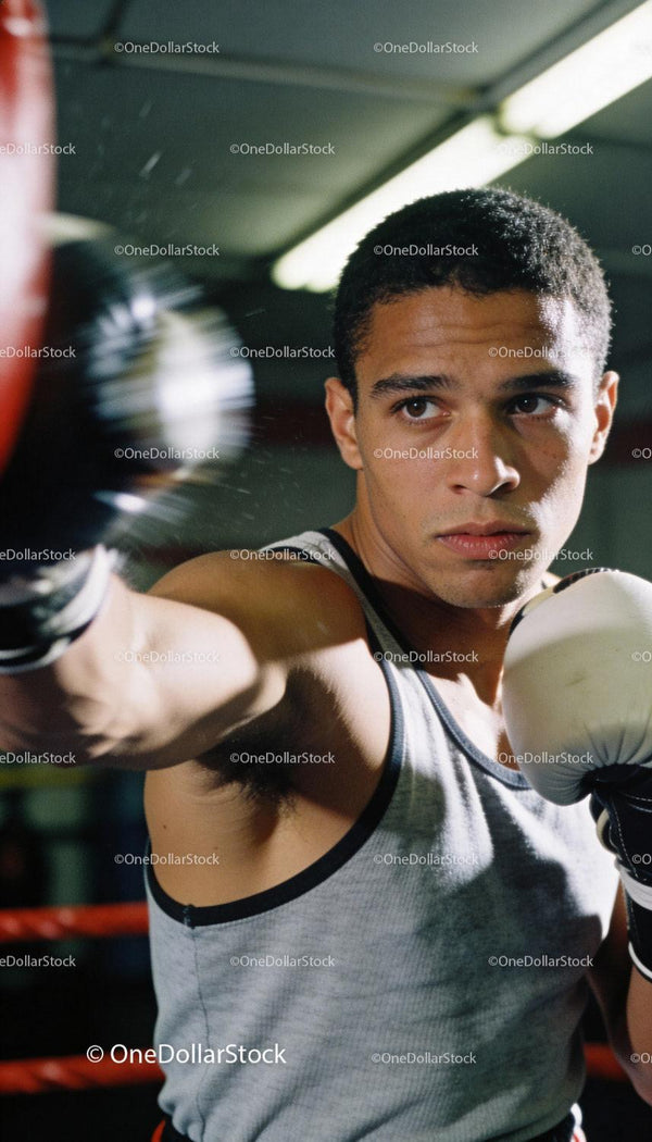 Focused young boxer training with speed bag indoors