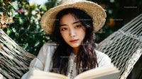 Young Woman Reading in a Hammock Surrounded by Greenery on a Sunny Day