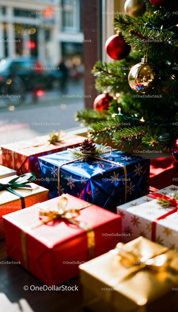Christmas gifts arranged under decorated tree near window