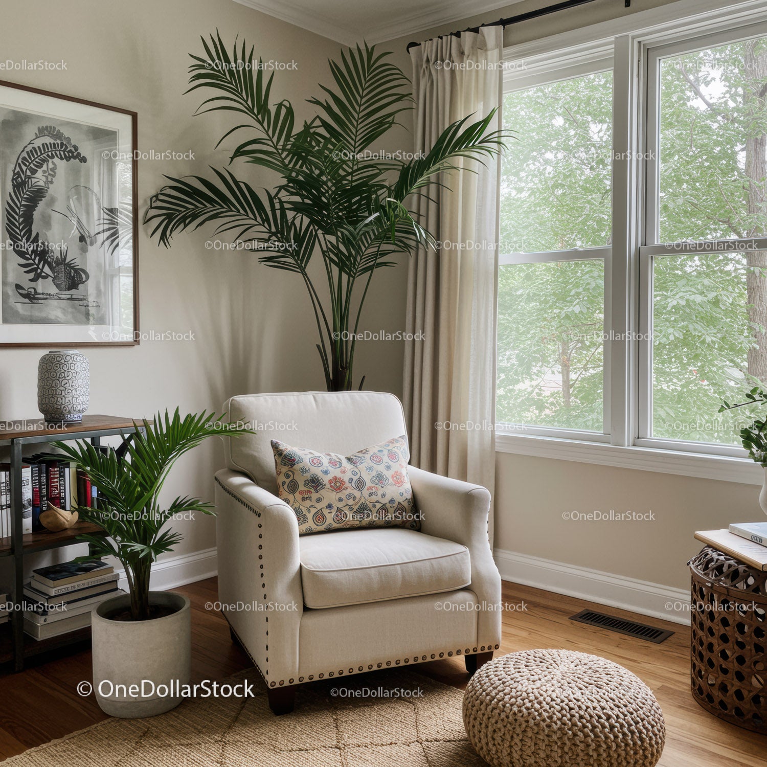 Elegant Living Room with Houseplants and Cozy Armchair