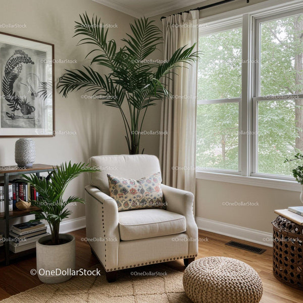 Elegant Living Room with Houseplants and Cozy Armchair