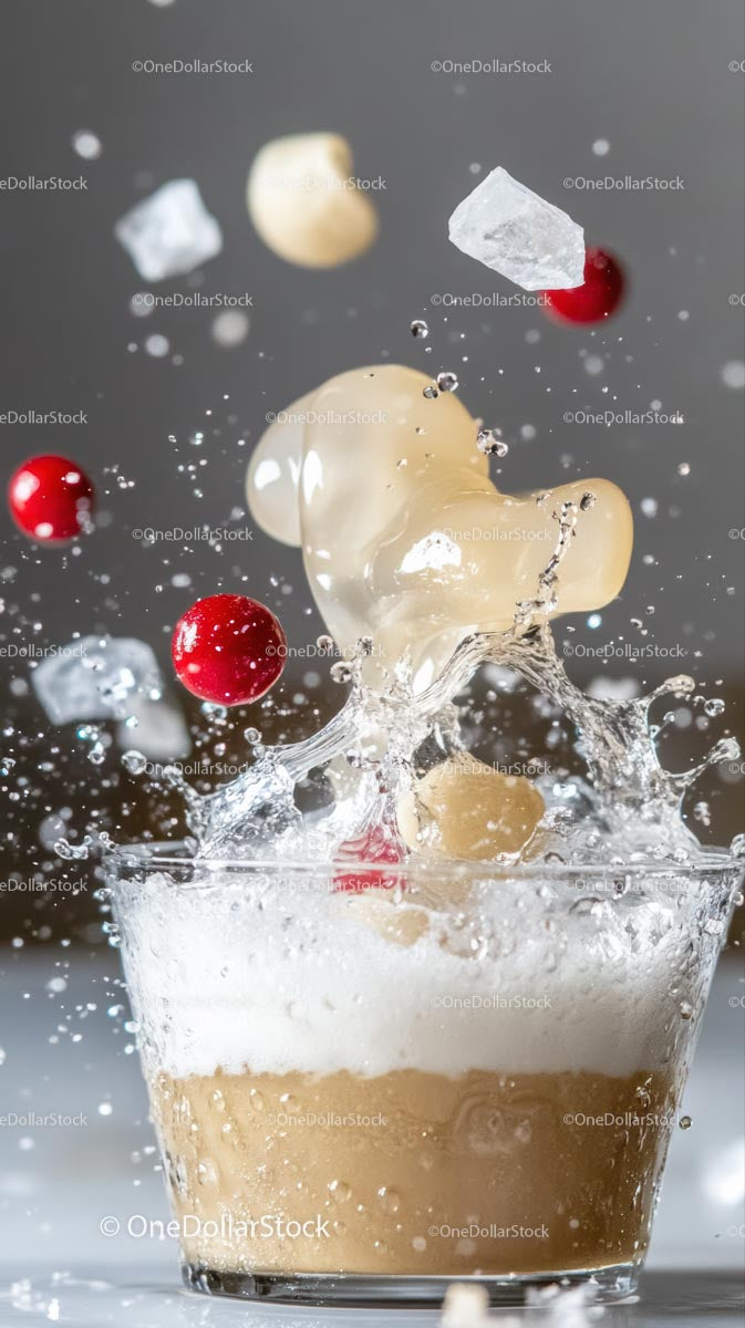 Ice Coffee with Red Berries and Milk Splash in Glass