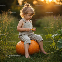Toddler Sitting on Large Pumpkin in Sunlit Meadow