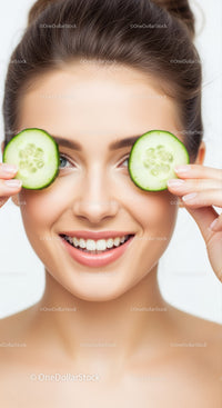 Young Woman Holding Cucumber Slices Over Eyes Smiling Portrait