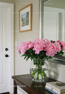 Pink Peony Flowers in Glass Vase on Dark Wooden Table