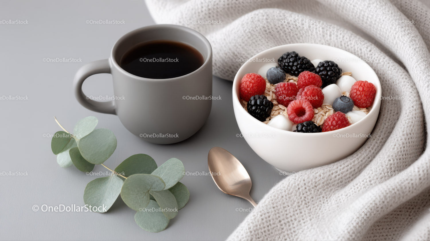 Fresh Fruit and Yogurt in White Bowl with Coffee on Cozy Table