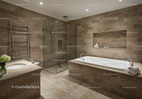 Luxury Bathroom with Beige Marble Tiles and Modern Fixtures