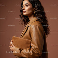 Fashionable Woman in Leather Jacket Holding Brown Leather Handbag