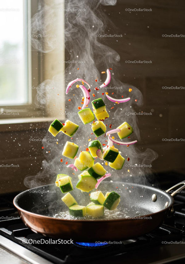 Fresh zucchini and onions tossed in sizzling copper pan