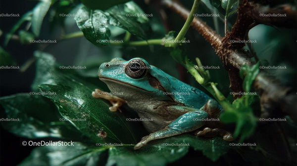 Vivid Blue Poison Dart Frog Resting on Green Leaf in Tropical Jungle