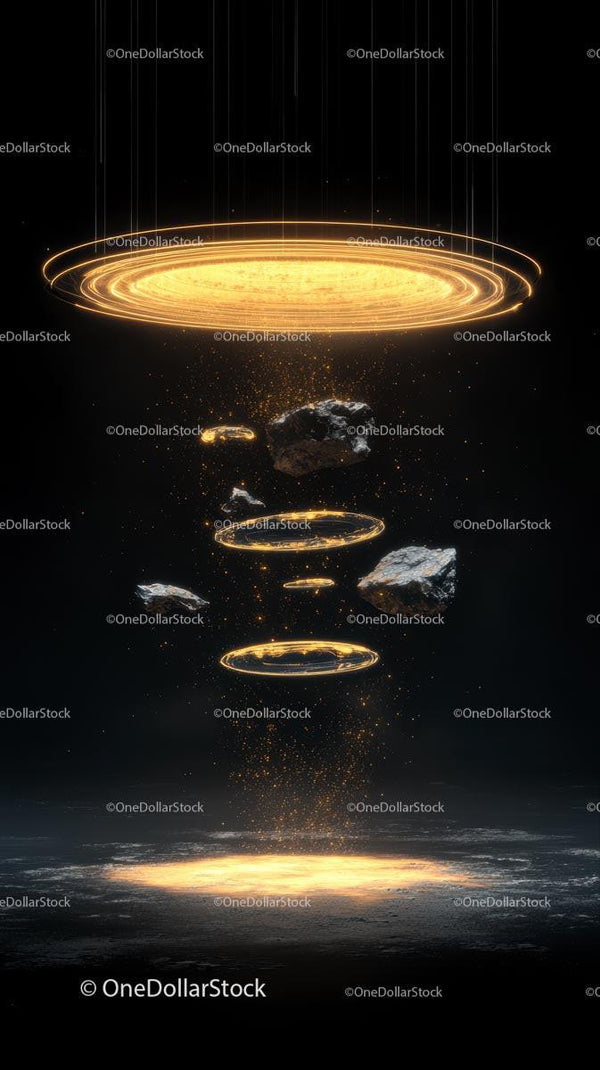 Futuristic Space Scene with Glowing Rings and Asteroids