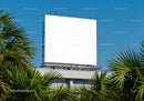 Blank Outdoor Billboard Above Building Among Palm Trees