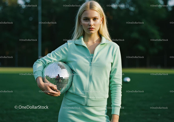 Young woman in mint green athletic outfit holding disco ball outdoors
