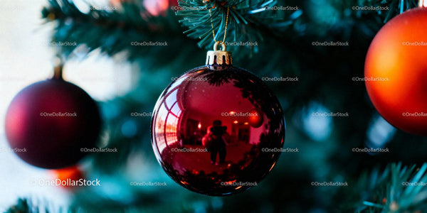 Red Christmas Baubles Hanging on Pine Tree